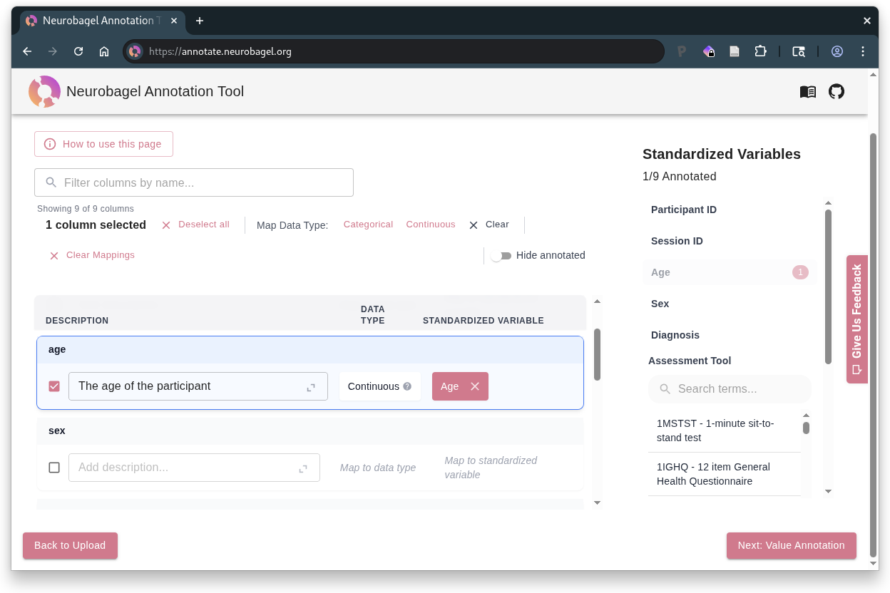 Annotation tool column annotation step screenshot - non-assessment variables